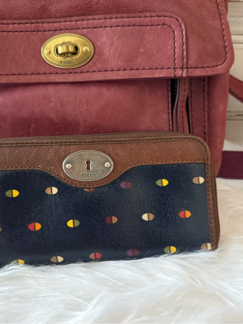 Fossil Plum Leather Crossbody Bag and Wallet Set